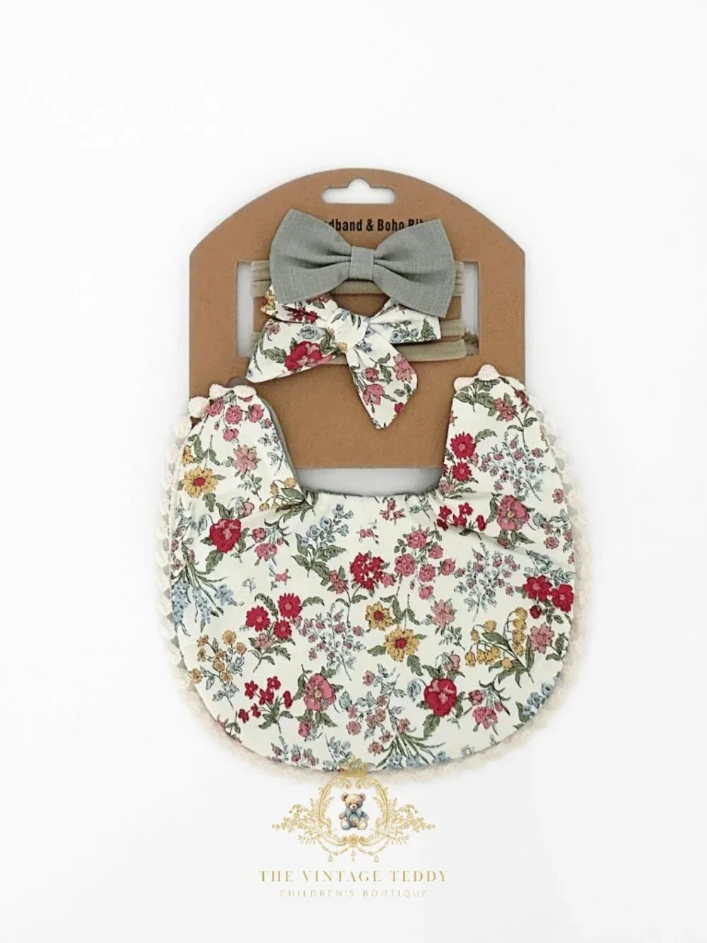 NWT Lovely Girls Baby Bib & Hair Bows Accessory Set Boutique Bohemian Floral OS